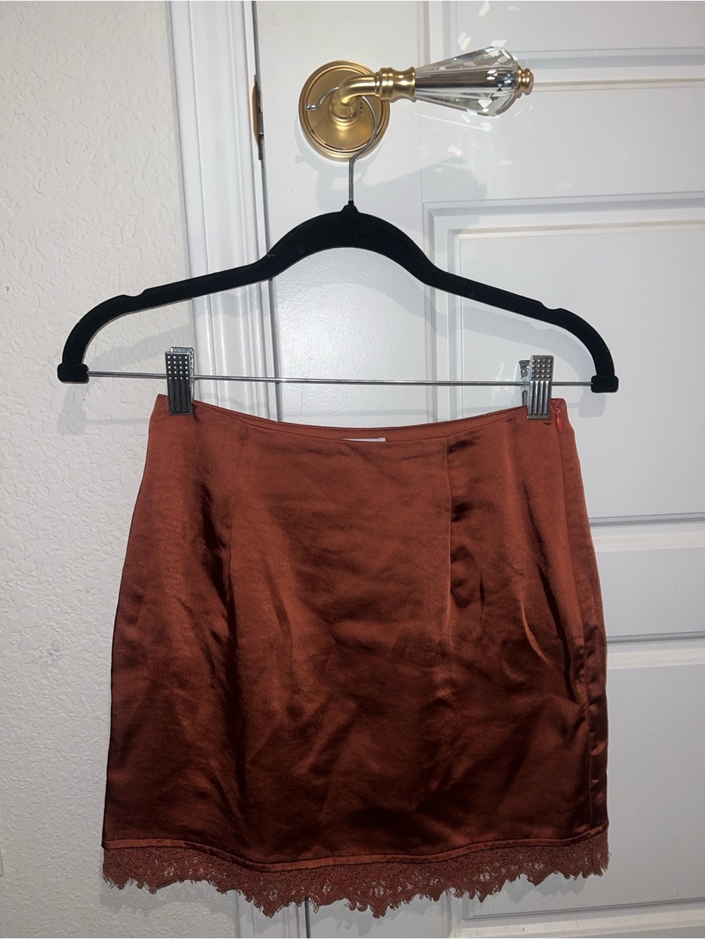 Princess Polly Rust Satin Lace-Trim Mini Skirt